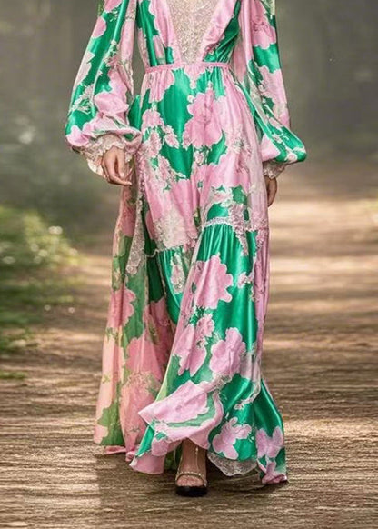 Stylish V Neck Print Lace Patchwork Silk Vacation Dresses Spring