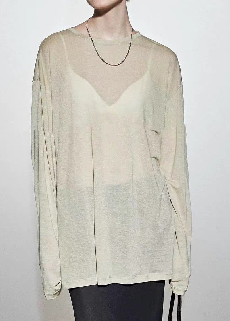 Loose Coffee O-neck Patchwork Silk T Shirt Spring