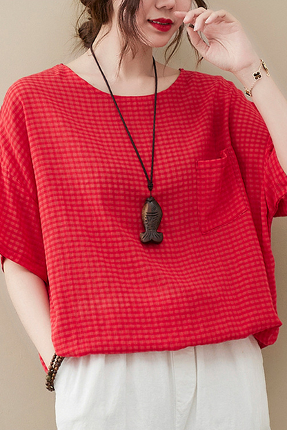Summer Plaid Short Sleeve T-shirt Cotton Striped Tops