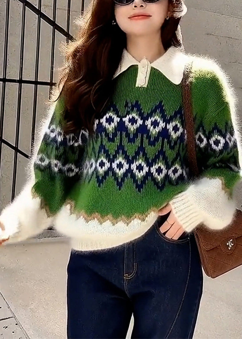 Green Oversized Print Thick Knitted Tops Winter