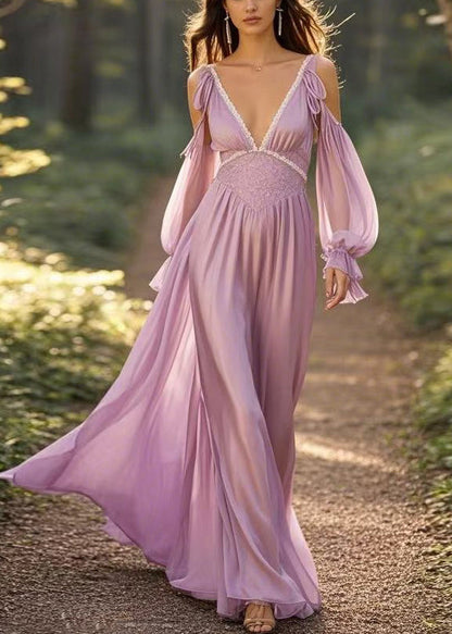 Loose Purple Cold Shoulder Chiffon Long Dress Butterfly Sleeve