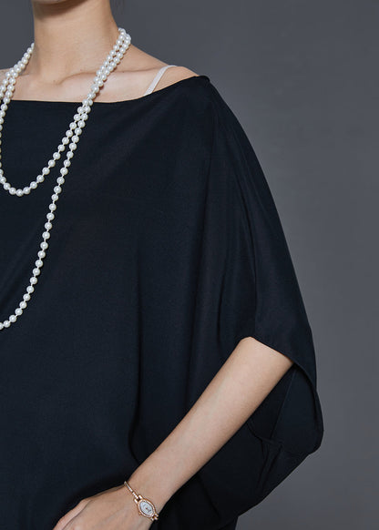 Black Asymmetrical Chiffon Shirts Batwing Sleeve