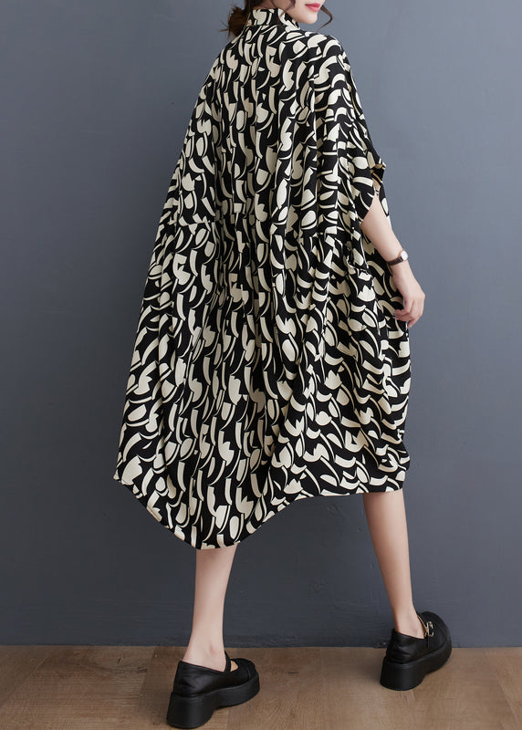 Black Peter Pan Collar Print Cotton Shirts Dress Batwing Sleeve