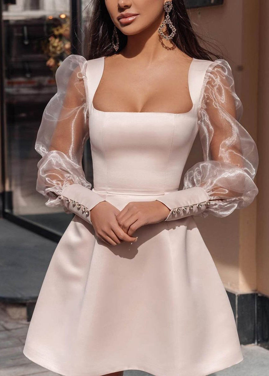 White U Neck Patchwork Silk Mid Dress Spring
