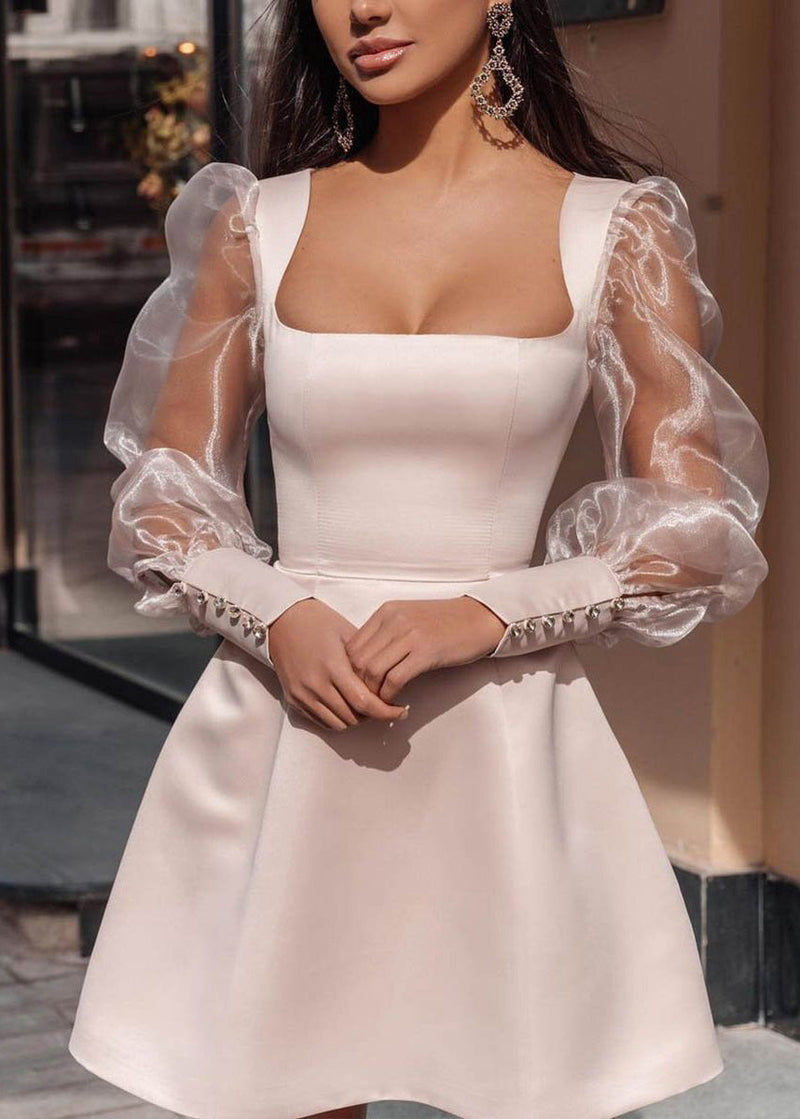 White U Neck Patchwork Silk Mid Dress Spring