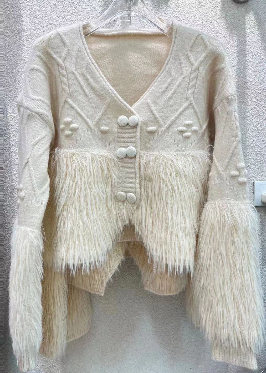 Apricot V Neck Patchwork Mink Hair Knitted Cardigan Fall