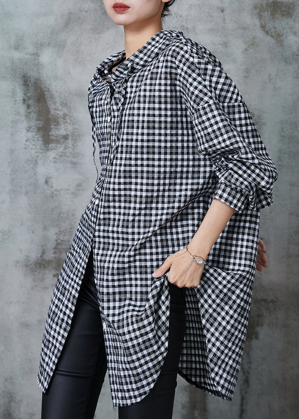 Grey Hooded Plaid Linen Long Shirt Summer