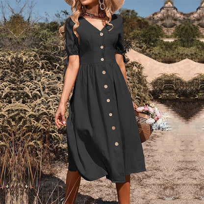 Short Sleeve V-neck Plain Cotton and Linen Dress