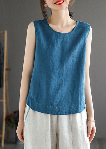 Simple Blue O-neck Embroidered Linen Beach Vest Sleeveless
