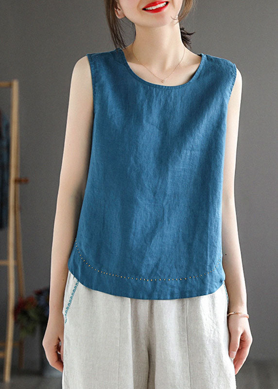 Simple Blue O-neck Embroidered Linen Beach Vest Sleeveless