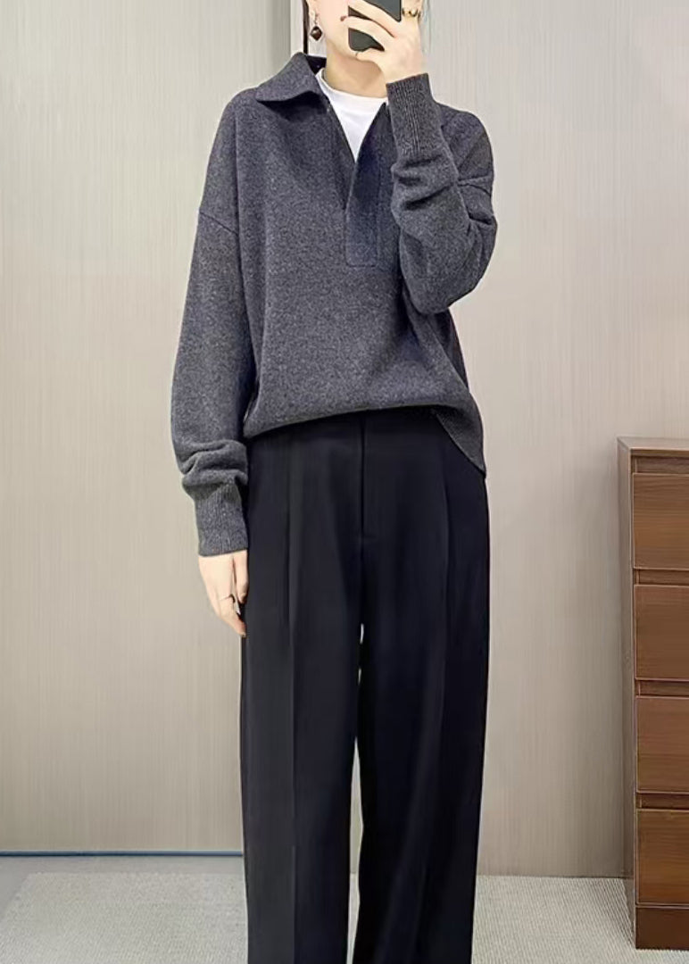 New Grey Peter Pan Collar Knit Sweater Tops Spring
