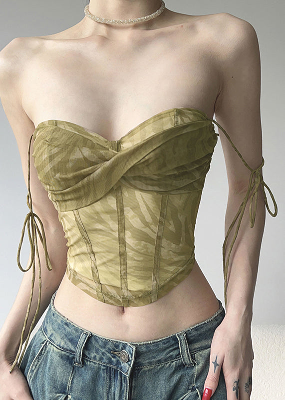 Green Cold Shoulder Tulle Spaghetti Strap Short Vest Sleeveless