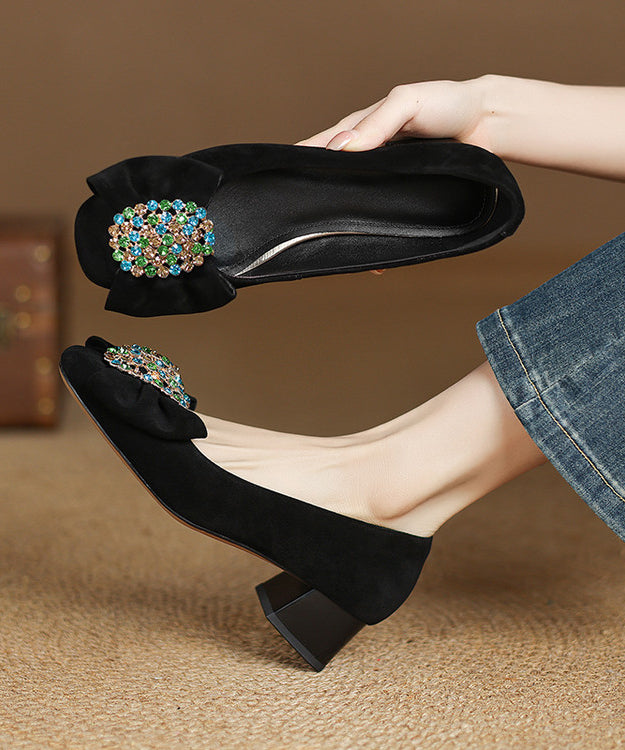 French Black Bow Zircon Splicing Chunky Heel Shoes Suede