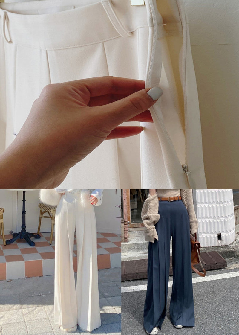 Navy Wrinkled Spandex Wide Leg Pants High Waist