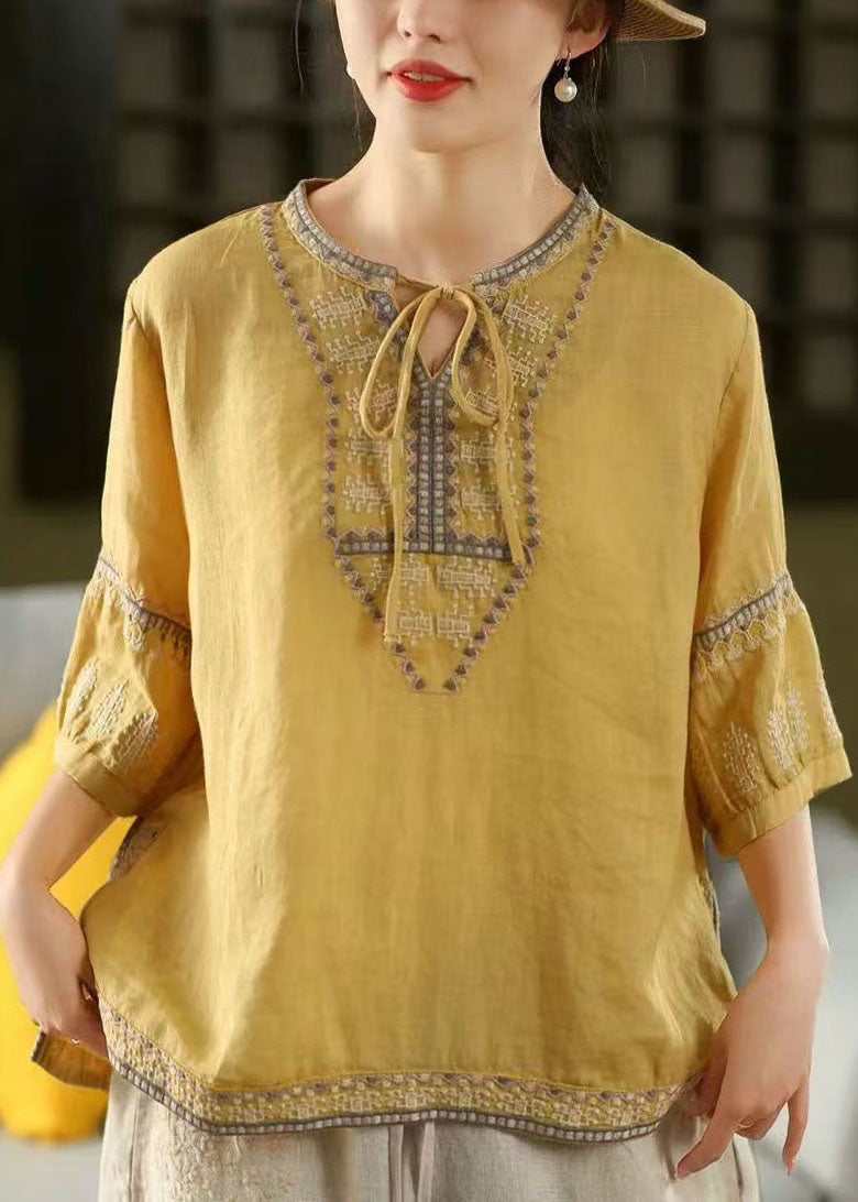Yellow Embroidered Tie Neck Linen Blouses Half Sleeve