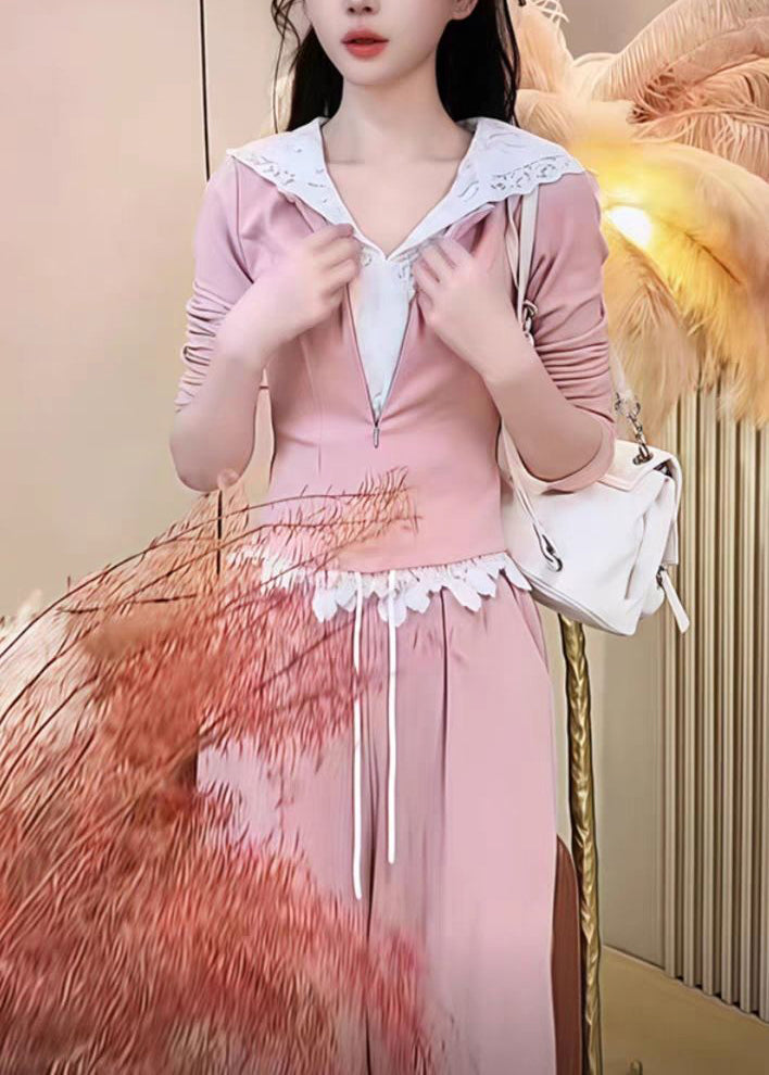 Pink Fake Two Pieces Hooded Sweatshirt and Wide Leg Pants Two Pieces Set Spring