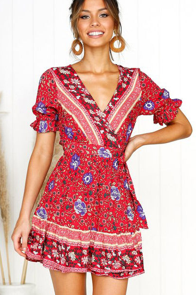 V-neck Maxi Printed Summer Short Dress