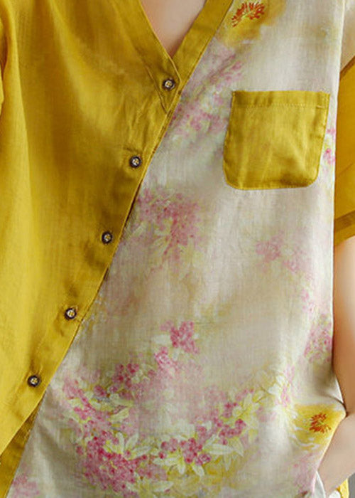Yellow V Neck Asymmetrical Print Blouse Tops Short Sleeve