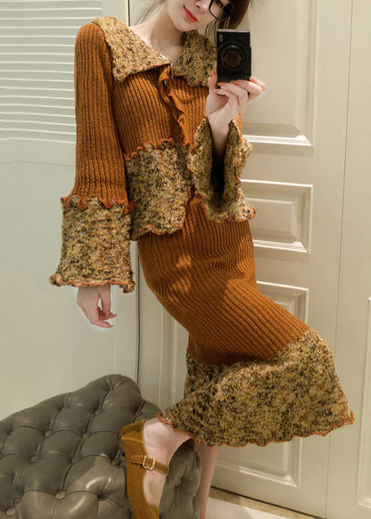 French Peter Pan Collar Print Patchwork Cotton Knit Cardigans and Maxi Skirts Two Pieces Set Fall