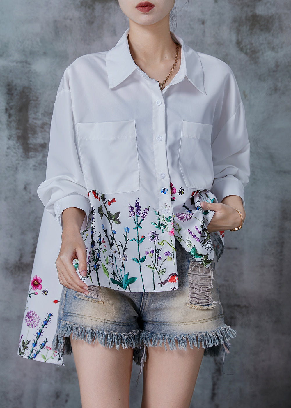 White Oversized Dandelion Print Cotton Shirt Tops Spring