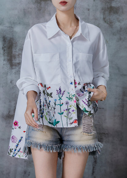 White Oversized Dandelion Print Cotton Shirt Tops Spring