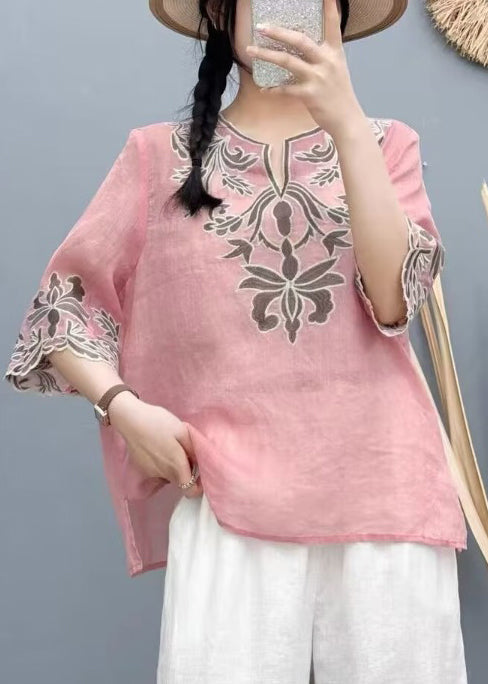 White Embroidered Cotton Shirt Tops Bracelet Sleeve