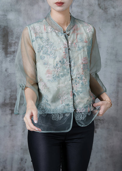 Green Mandarin Collar Embroidered Tulle Shirt Tops Summer