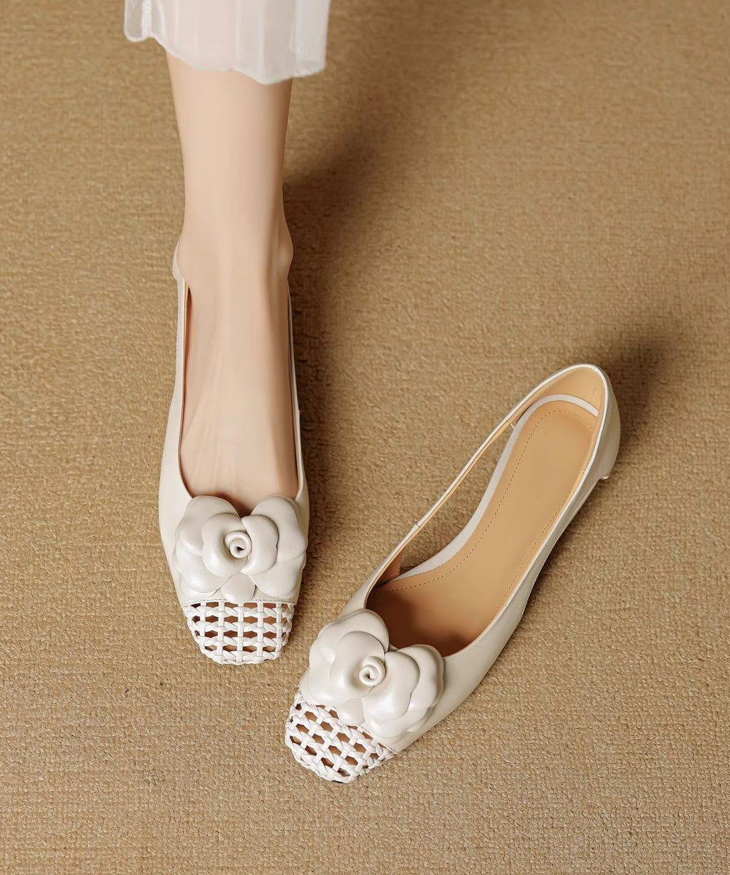 Grey Flat Shoes for Cowhide Leather Soft Splicing