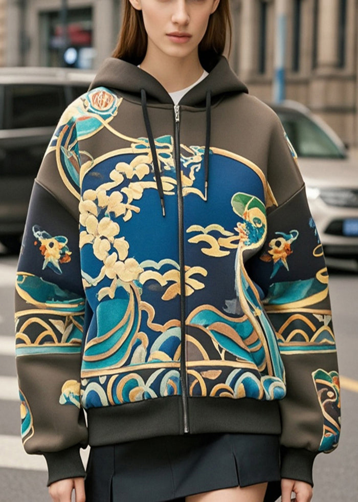 Blackish Green Oversized Print Cotton Hoodie Coat Fall