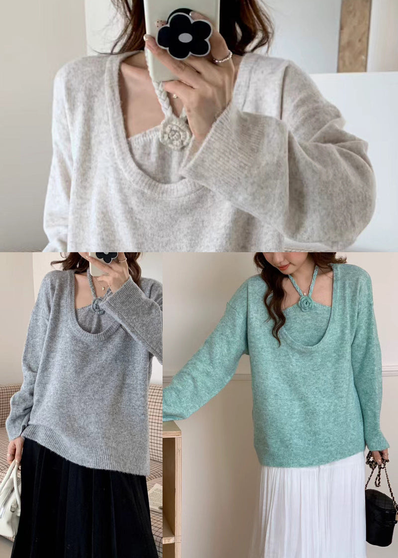 Boutique Blue U Neck Knit Sweaters Two Piece Set Winter