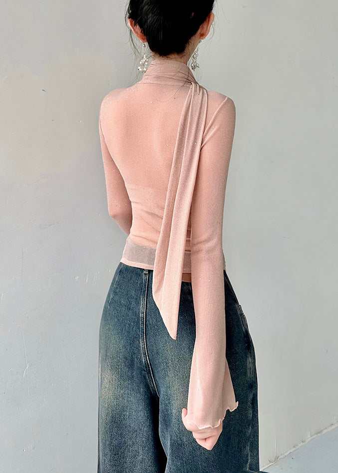 Pink V Neck Tulle T Shirts Fall