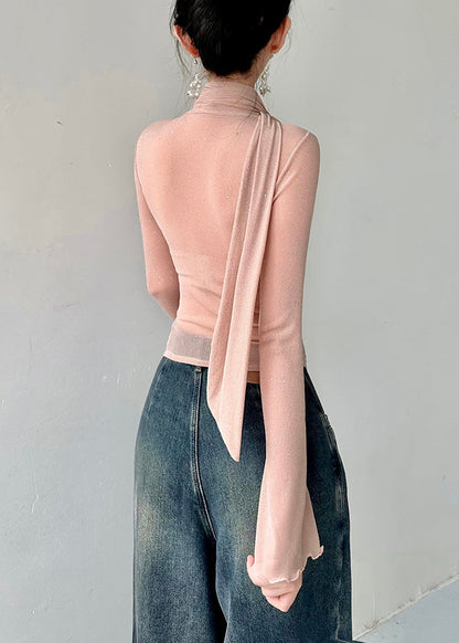 Pink V Neck Tulle T Shirts Fall