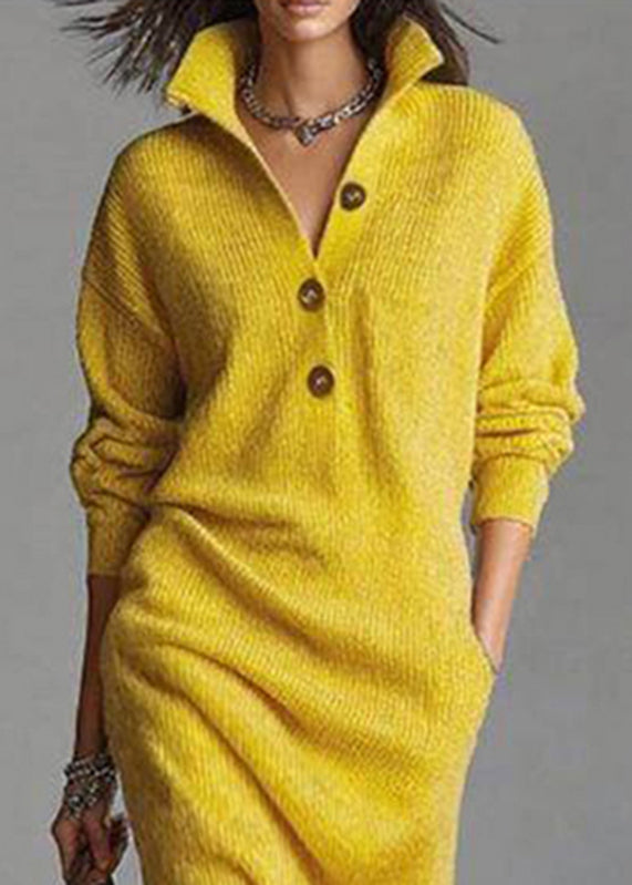 Yellow Peter Pan Collar Pockets Cotton Knit Sweater Dress Spring
