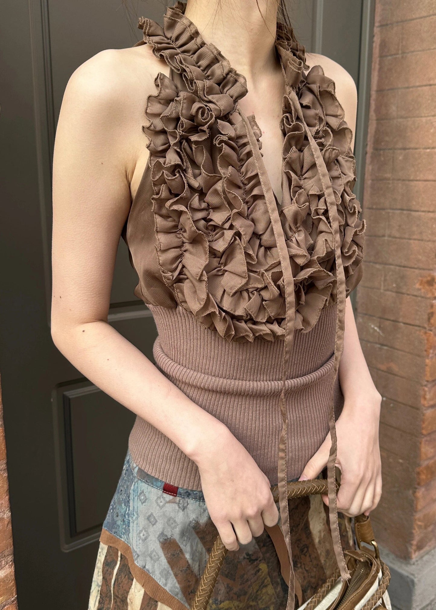 Coffee Ruffled Lace Up Knit Patchwork Tank Sleeveless