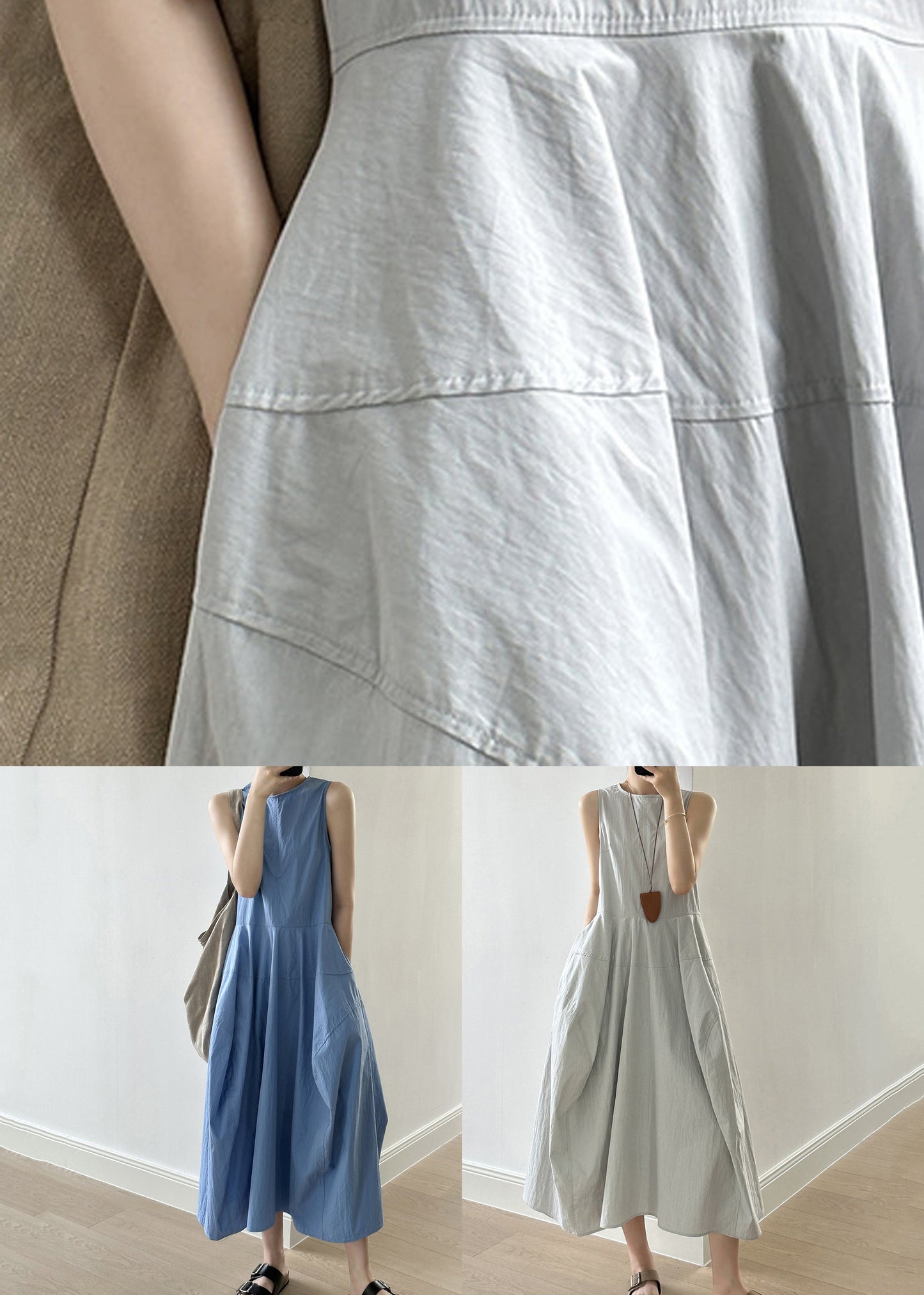 New Blue O-neck Pockets Cotton Long Dresses Sleeveless