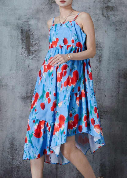 Blue Asymmetrical Print Cotton Summer Dress