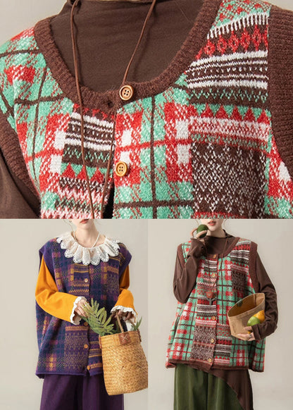 Organic Purple Plaid O-neck Cotton Knit Waistcoat Sleeveless Spring