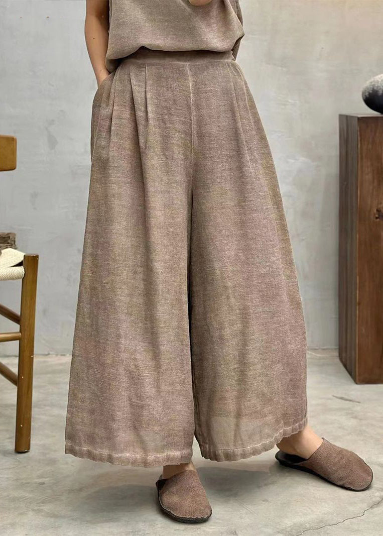Coffee Linen Summer Wide Leg Pants High Waist