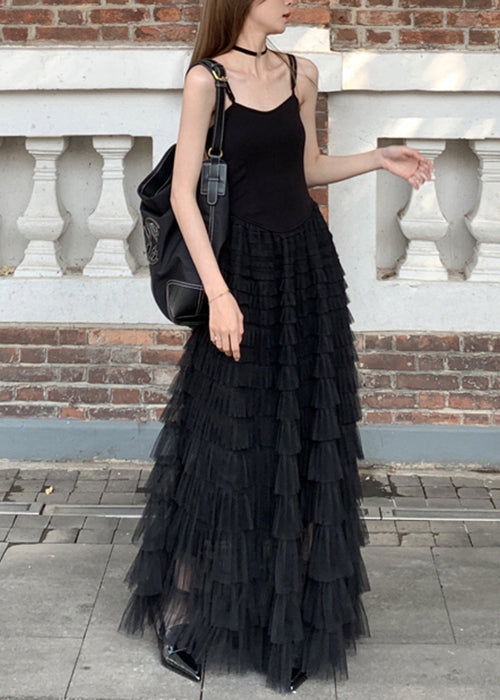 New Black Wrinkled Tulle Spaghetti Strap Dress Sleeveless