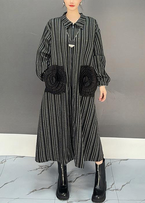 Black Zippered Striped Cotton Long Dress Fall
