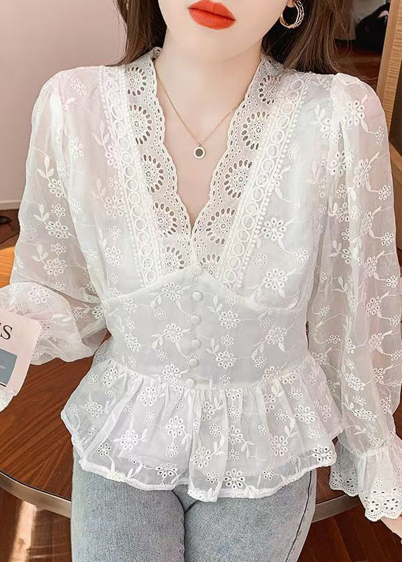 White Embroidered Hollow Out Cotton Blouses Spring
