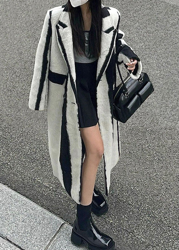 Black White Striped Notched Button Woolen Maxi Coats Winter