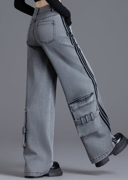 Black Pockets Patchwork High Waist Denim Pants Spring