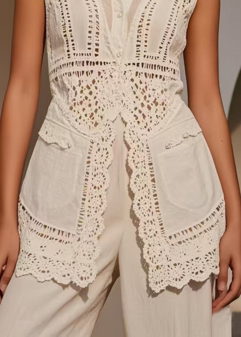 Silm Fit White Hollow Out Side Open Cotton Top Sleeveless