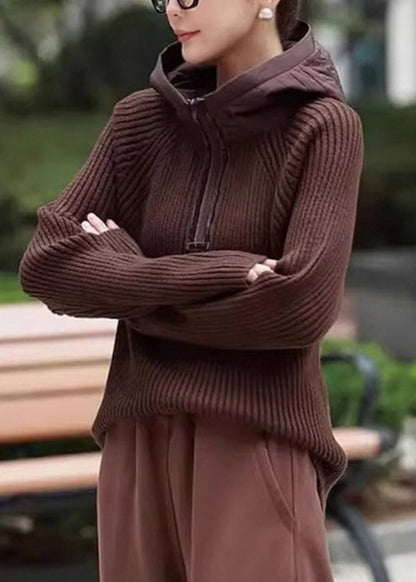 Coffee Zippered Patchwork Hooded Knit Pullover Long Sleeve