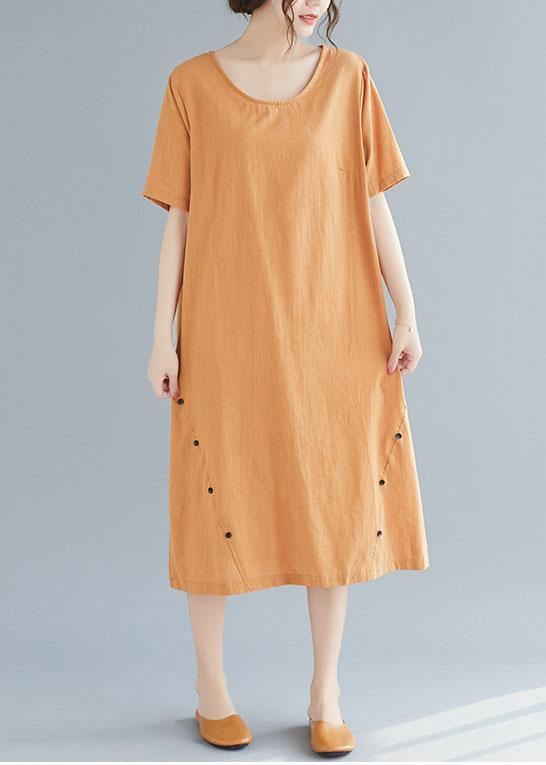 Natural Khaki O Neck Cotton Linen Dresses Button Decorated Summer Dress