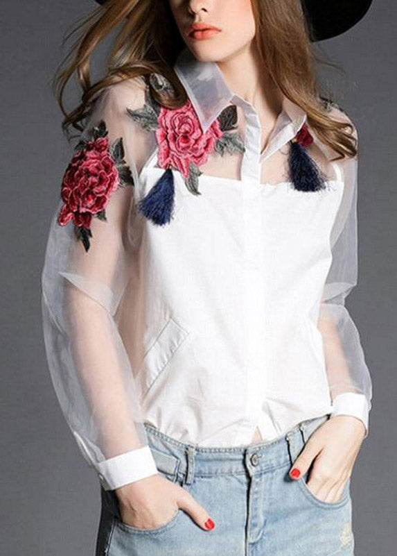 Organza White Peter Pan Collar Embroidered Tulle Patchwork Cotton Shirts Long Sleeve