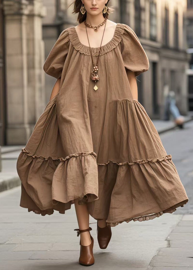 Brown Oversized Ruffled Vacation Dresses Lantern Sleeve