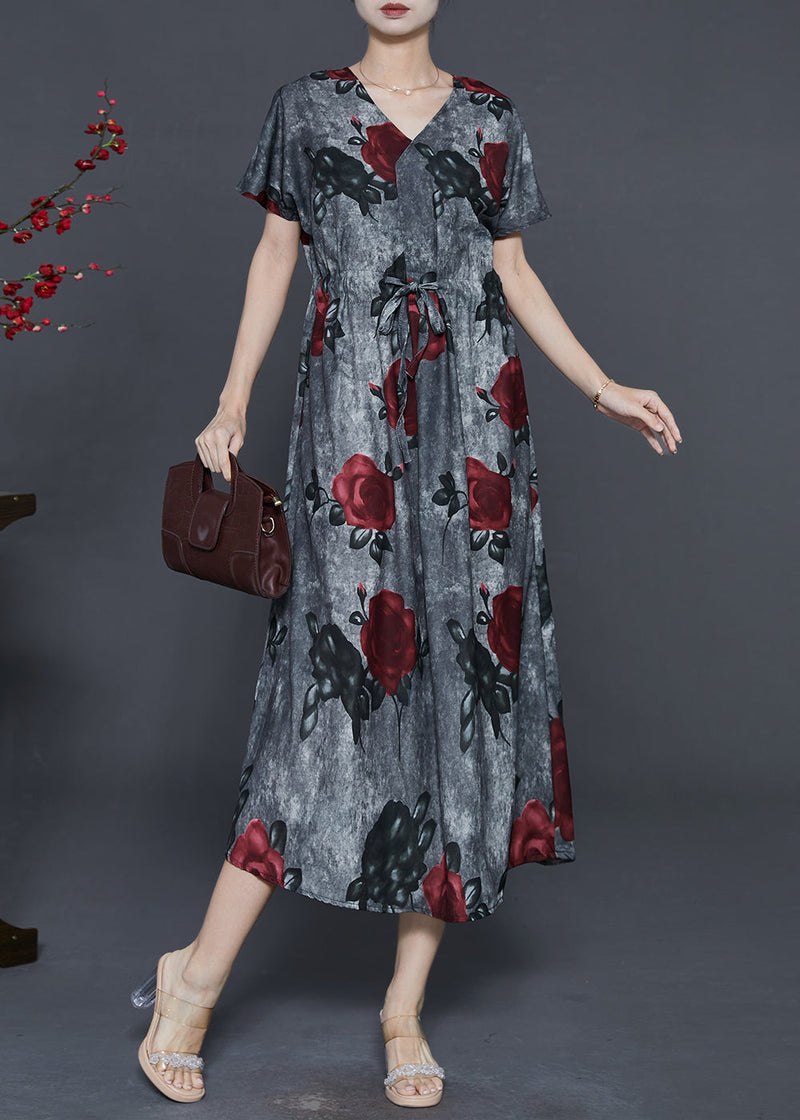 French Grey Cinched Cotton Long Dress Summer