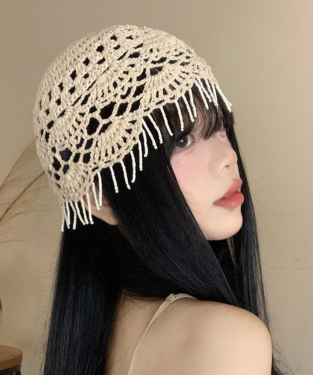 Beige Tassel Hollow Out Knit Boonie Hat